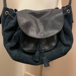 ZARA Pebble Leather & Suede Navy Drawstring Bag- like new